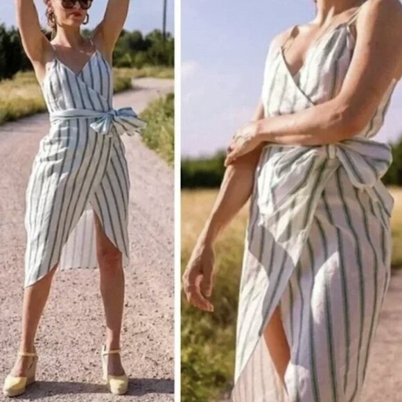 Reformation Court Linen Wrap Dress Gateau Green White Stripe Tulip Medium Petite - Picture 1 of 9
